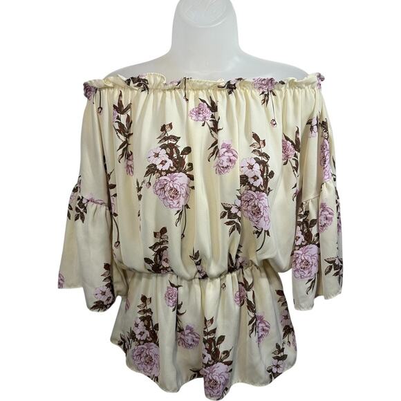 Off Shoulder Floral Peplum Blouse S Cottagecore Feminine Boho Ruffle Pastel Top - Picture 3 of 12
